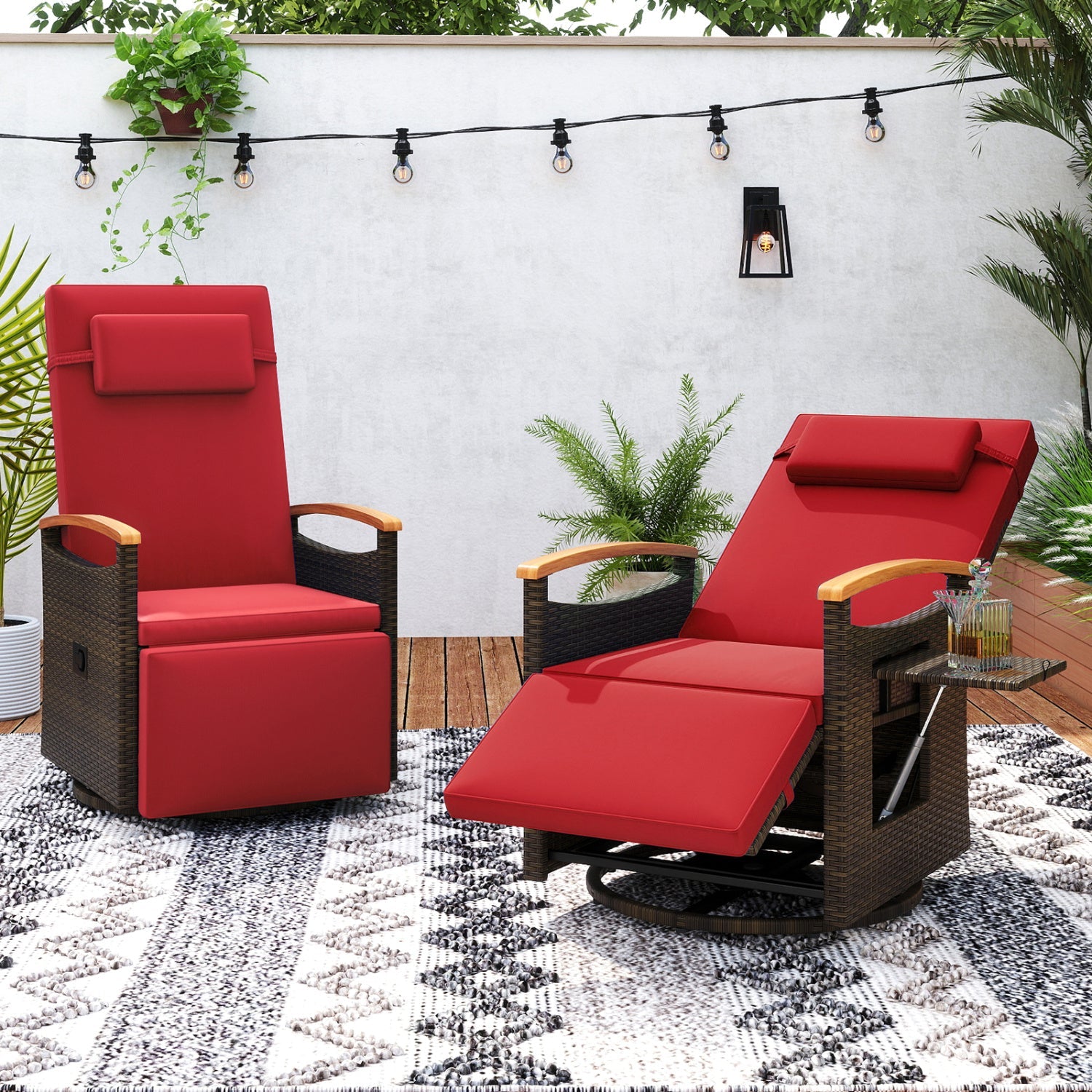 Costway Set of 2 Patio Rattan 360° Swivel Recliner Chaise Lounge Chairs Adjustable Backrest Footrest 86361582 New