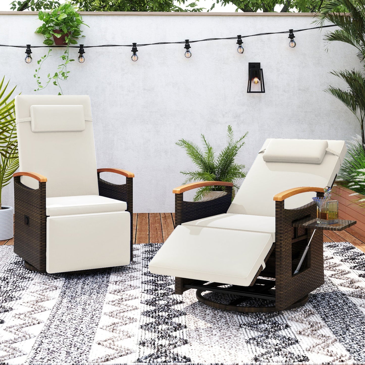 Costway Set of 2 Patio Rattan 360° Swivel Recliner Chaise Lounge Chairs Adjustable Backrest Footrest 86361582 New