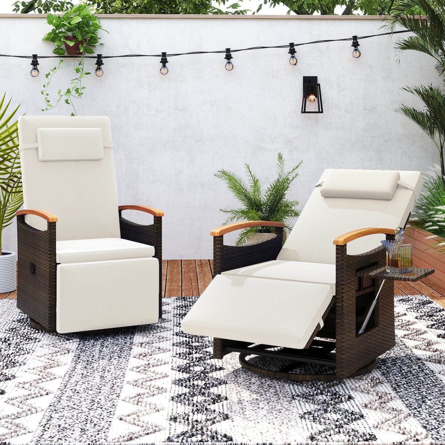 Costway Set of 2 Patio Rattan 360° Swivel Recliner Chaise Lounge Chairs Adjustable Backrest Footrest 86361582 New