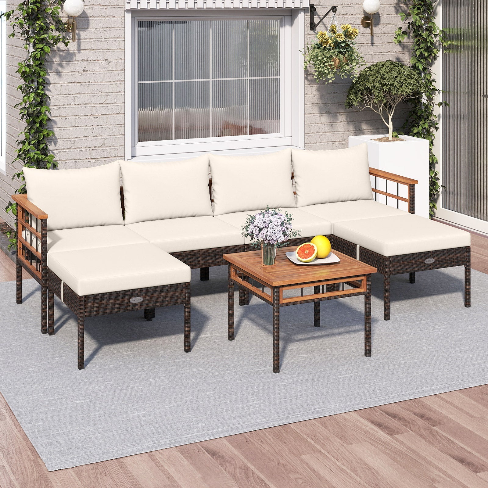 Costway 7-Pc Patio Rattan Conversation Set Chairs Ottomans Side Table 76906065 New