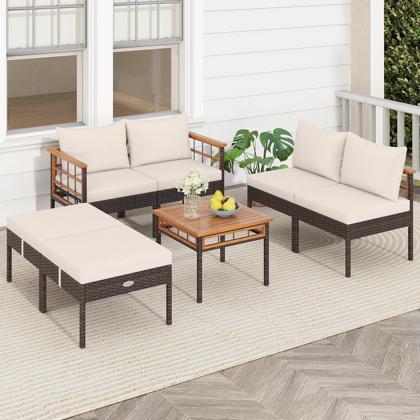 Costway 7-Pc Patio Rattan Conversation Set Chairs Ottomans Side Table 76906065 New