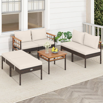 Costway 7-Pc Patio Rattan Conversation Set Chairs Ottomans Side Table 76906065 New