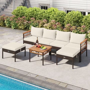 Costway 7-Pc Patio Rattan Conversation Set Chairs Ottomans Side Table 76906065 New