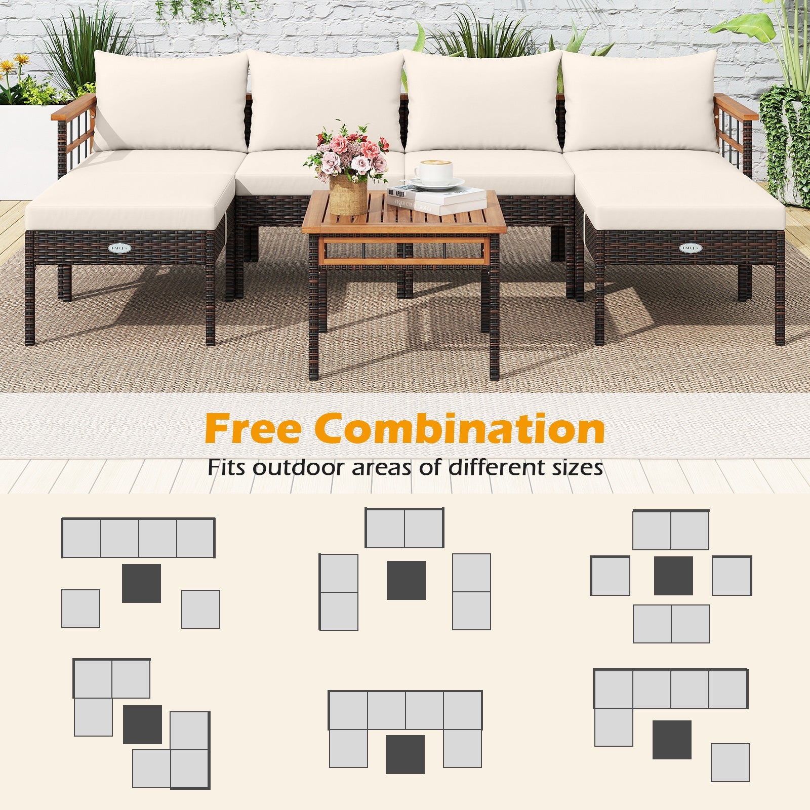 Costway 7-Pc Patio Rattan Conversation Set Chairs Ottomans Side Table 76906065 New