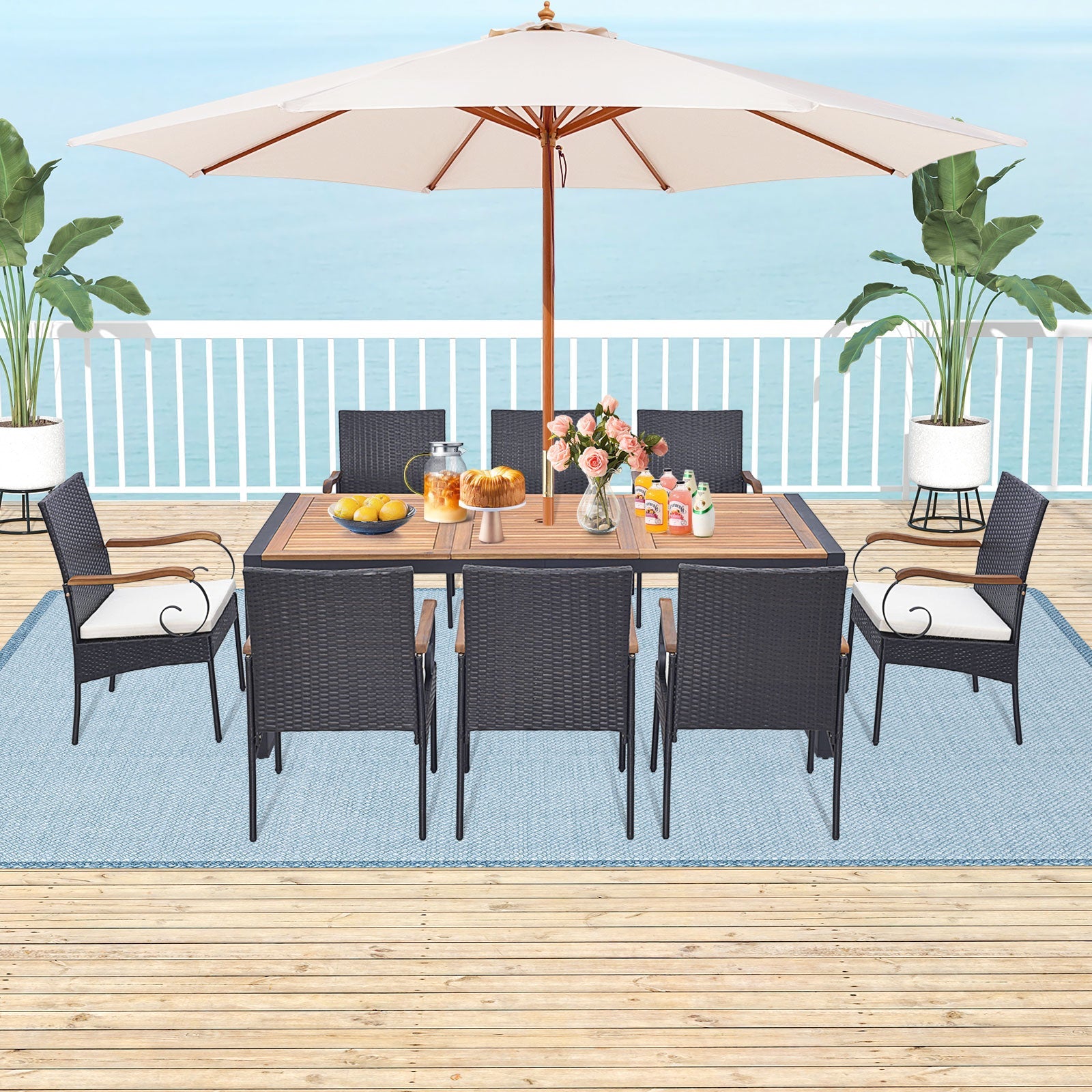 Costway 9-Piece Patio Rattan Dining Set w/ Acacia Wood Table L-Shaped Handrail 75863142 New