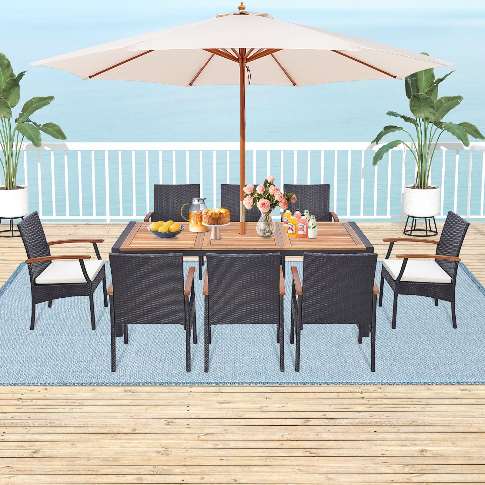 Costway 9-Piece Patio Rattan Dining Set w/ Acacia Wood Table L-Shaped Handrail 75863142 New