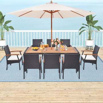 Costway 9-Piece Patio Rattan Dining Set w/ Acacia Wood Table L-Shaped Handrail 75863142 New