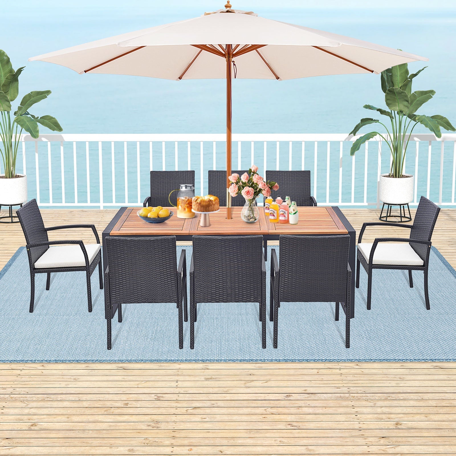 Costway 9-Piece Patio Rattan Dining Set w/ Acacia Wood Table L-Shaped Handrail 75863142 New