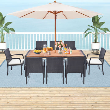 Costway 9-Piece Patio Rattan Dining Set w/ Acacia Wood Table L-Shaped Handrail 75863142 New