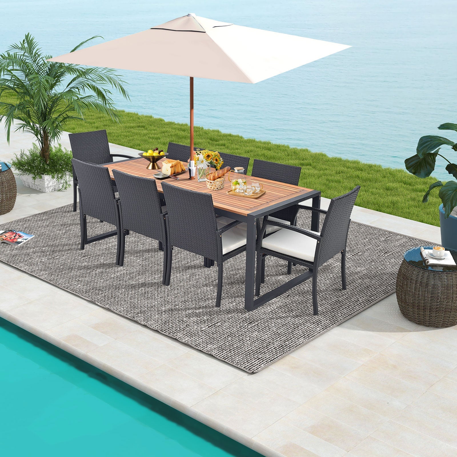 Costway 9-Piece Patio Rattan Dining Set w/ Acacia Wood Table L-Shaped Handrail 75863142 New