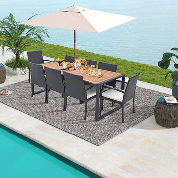 Costway 9-Piece Patio Rattan Dining Set w/ Acacia Wood Table L-Shaped Handrail 75863142 New