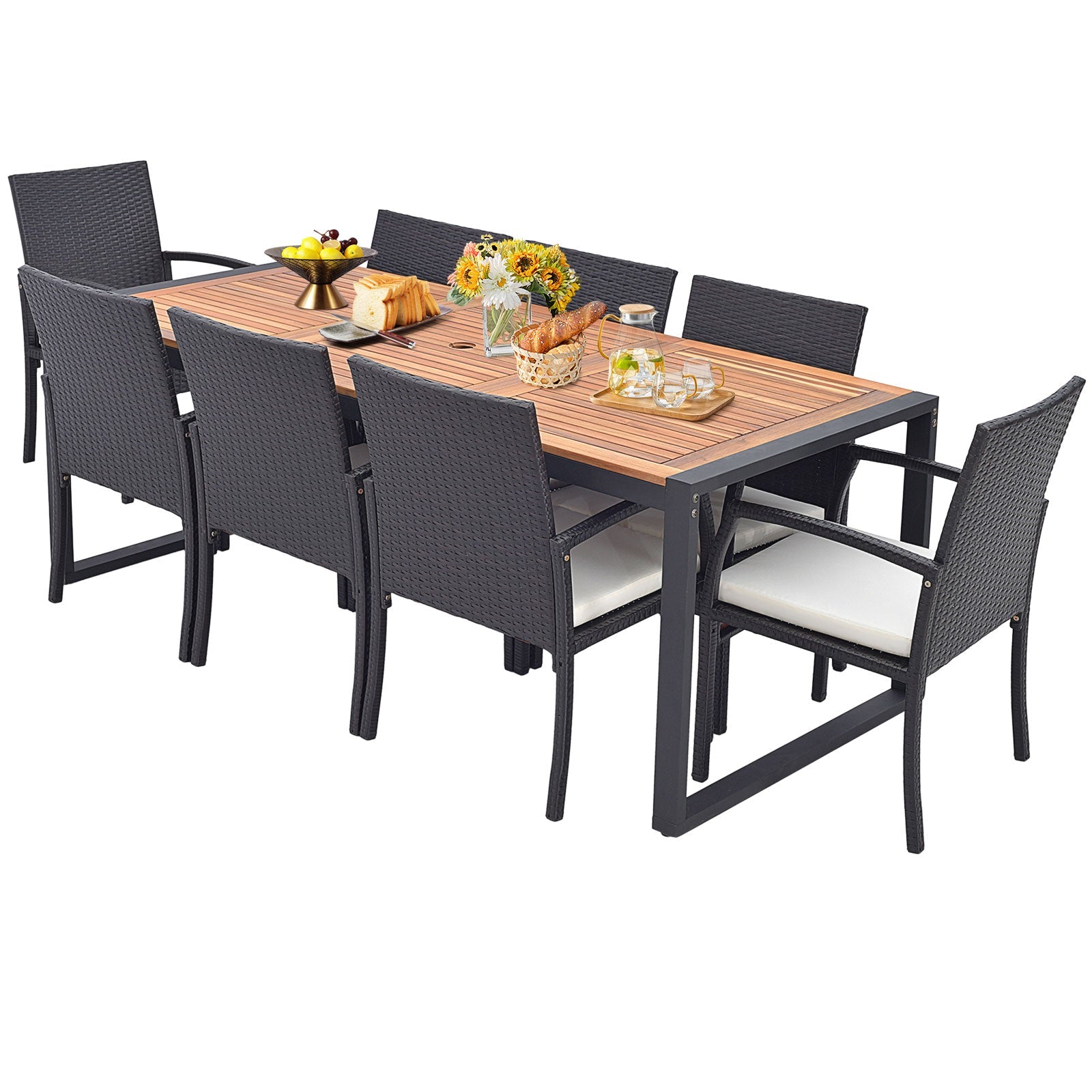 Costway 9-Piece Patio Rattan Dining Set w/ Acacia Wood Table L-Shaped Handrail 75863142 New