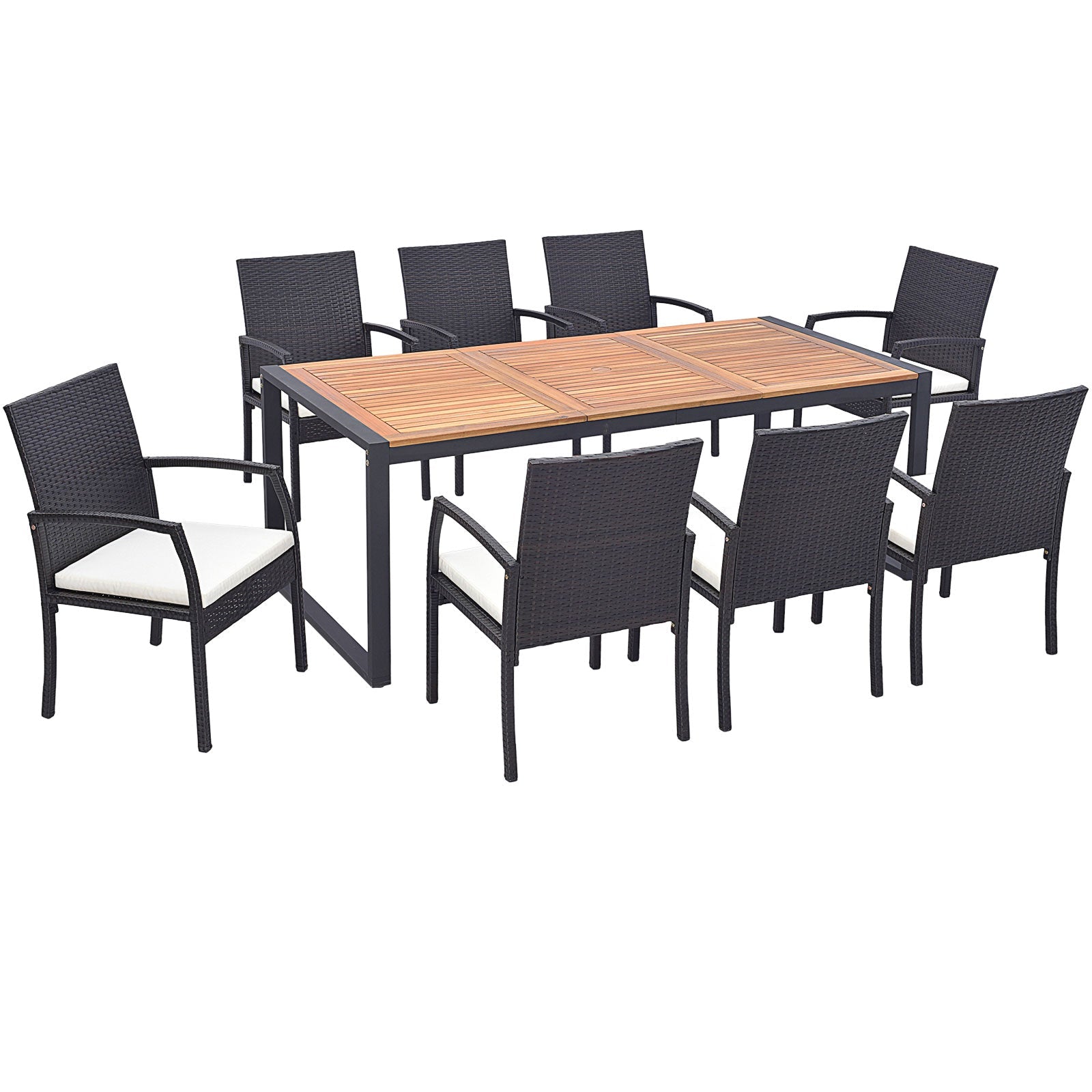 Costway 9-Piece Patio Rattan Dining Set w/ Acacia Wood Table L-Shaped Handrail 75863142 New