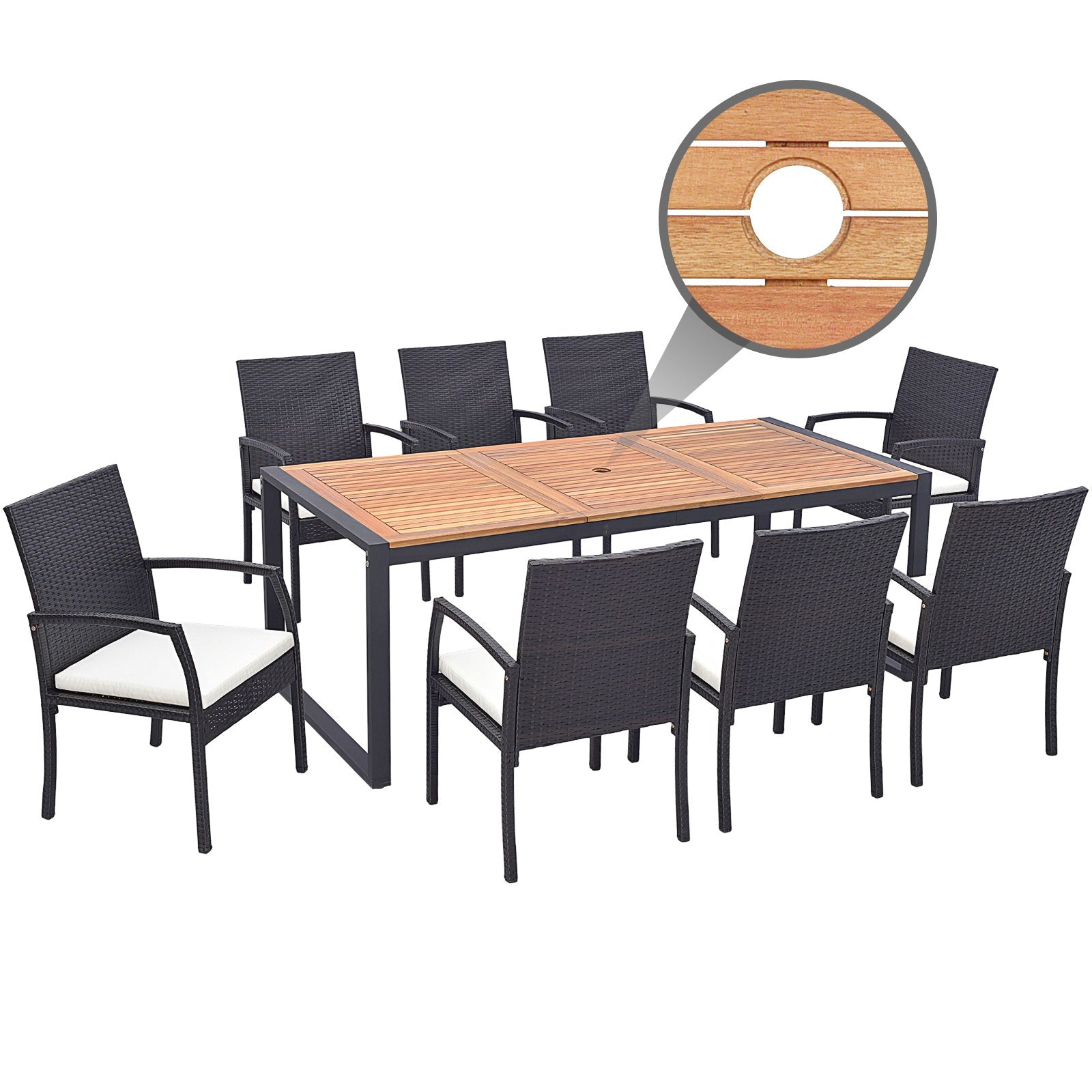 Costway 9-Piece Patio Rattan Dining Set w/ Acacia Wood Table L-Shaped Handrail 75863142 New