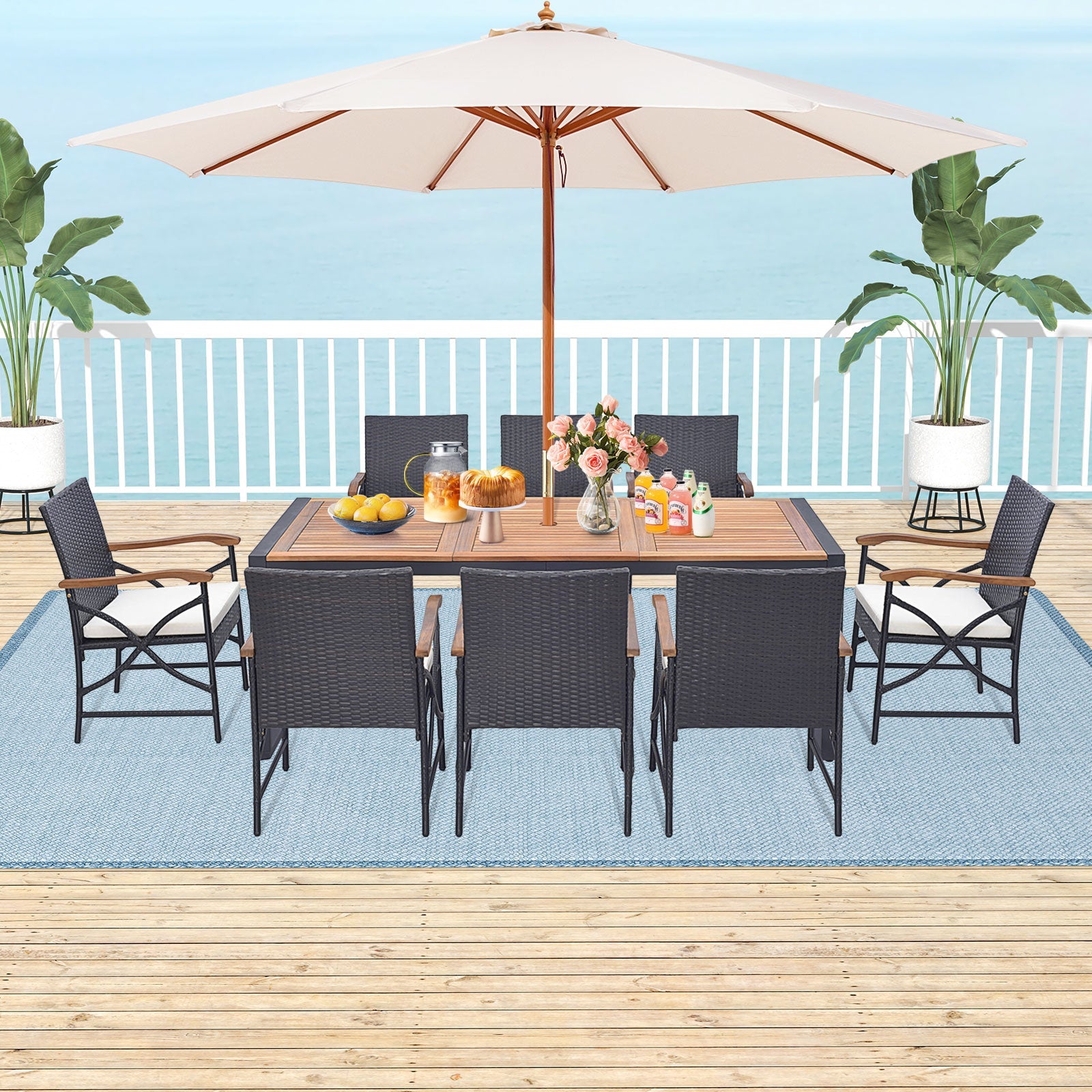 Costway 9-Piece Patio Rattan Dining Set w/ Acacia Wood Table L-Shaped Handrail 75863142 New