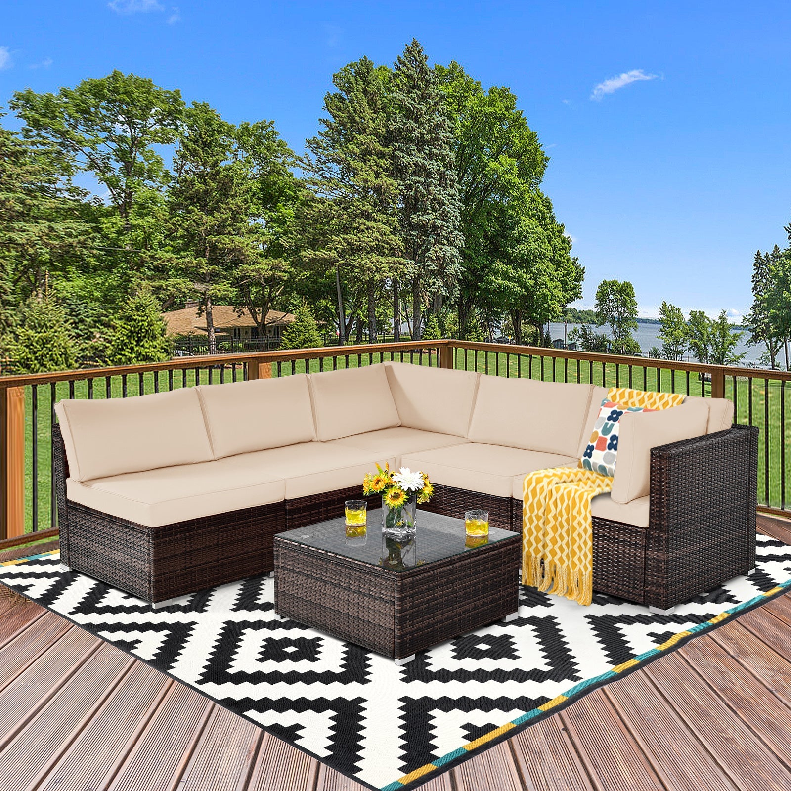 Costway 6-Piece Patio Rattan Sofa Set w/ Cushions & Glass Coffee Table 73265849 New