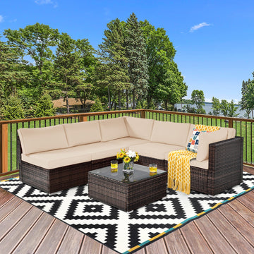Costway 6-Piece Patio Rattan Sofa Set w/ Cushions & Glass Coffee Table 73265849 New