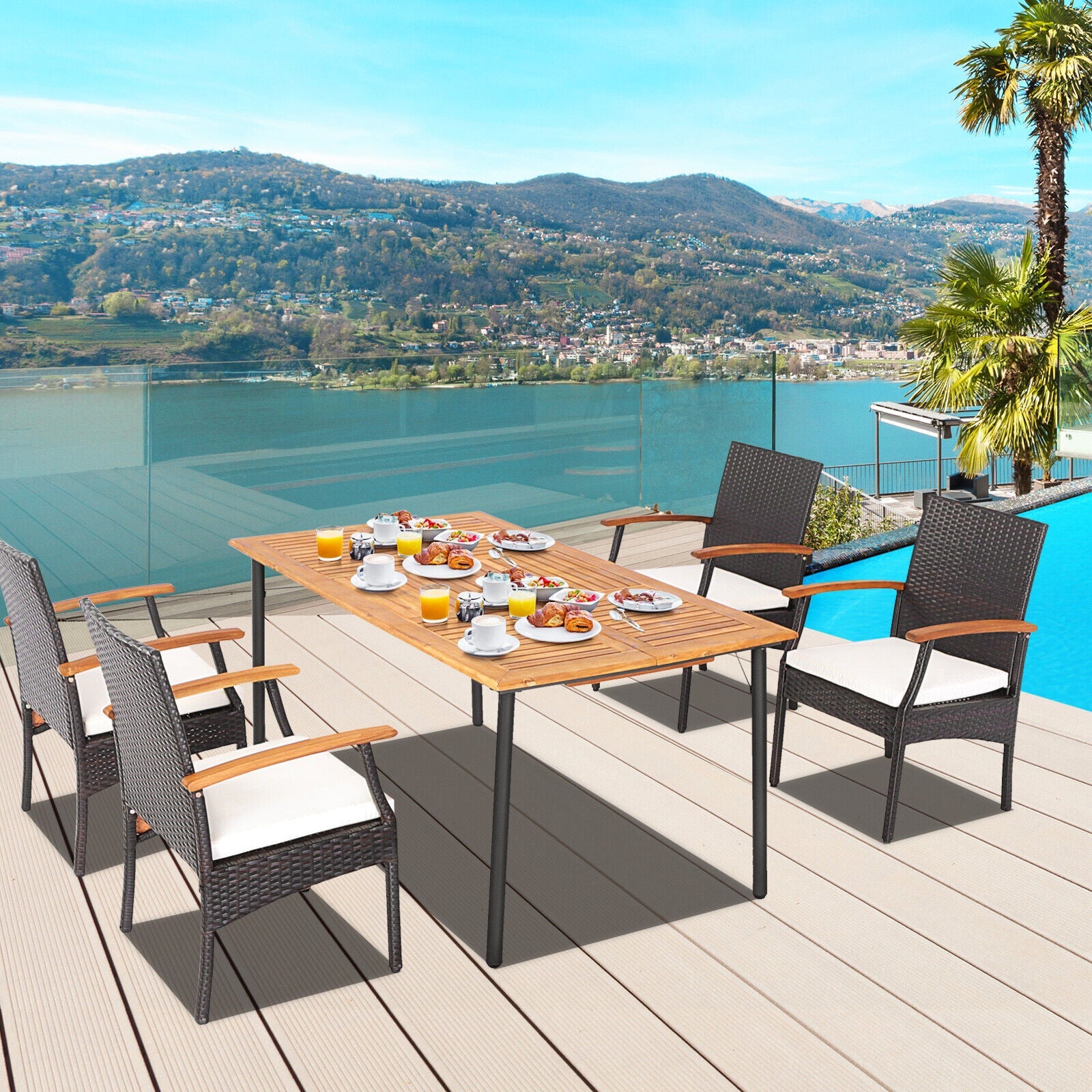 Costway 5-Pc Patio Wicker Cushioned Dining Set w/ Wood Armrests & Umbrella Hole 43572918 New