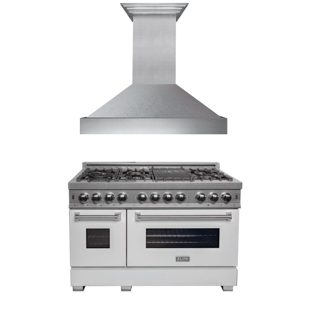 ZLINE 48 in. Kitchen Package with Satin Stainless Steel Dual Fuel Range with White Matte Door and Convertible Vent Range Hood (2KP-RASWMRH48)