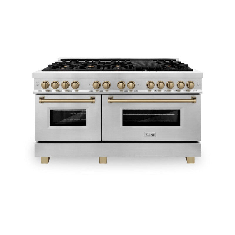 ZLINE  Autograph Edition 60 In. 7.4 Cu. Ft. Legacy Dual Fuel Range With 9 Burner Gas Cooktop And 2 Electric Convection Ovens In Stainless Steel And Champagne Bronze Accents - Stainless Steel (RAZ60CB)
