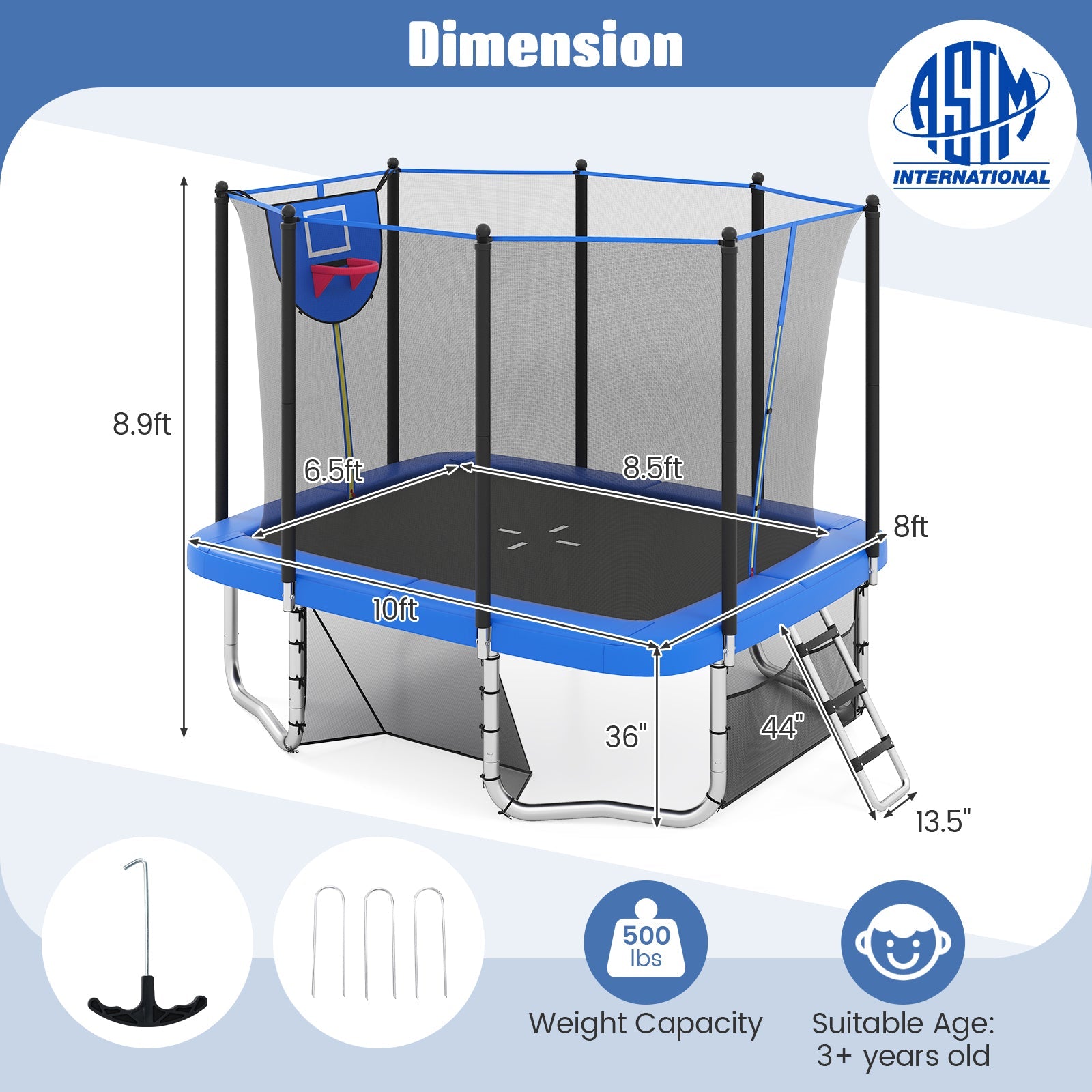 Costway 10' x 8' Rectangle Outdoor Trampoline w/ Basketball Hoop 32361920 New