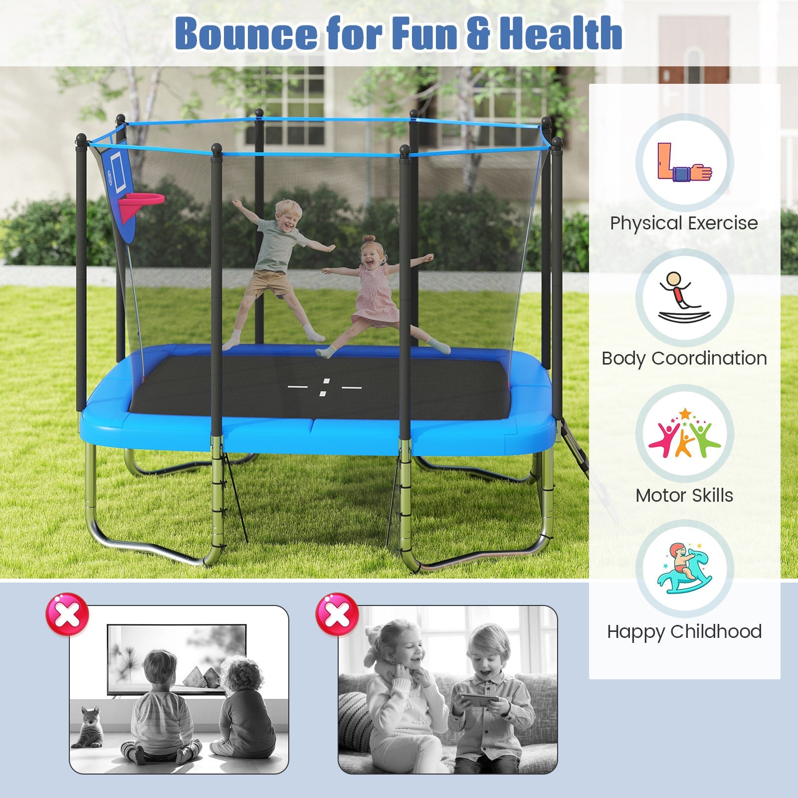 Costway 10' x 8' Rectangle Outdoor Trampoline w/ Basketball Hoop 32361920 New
