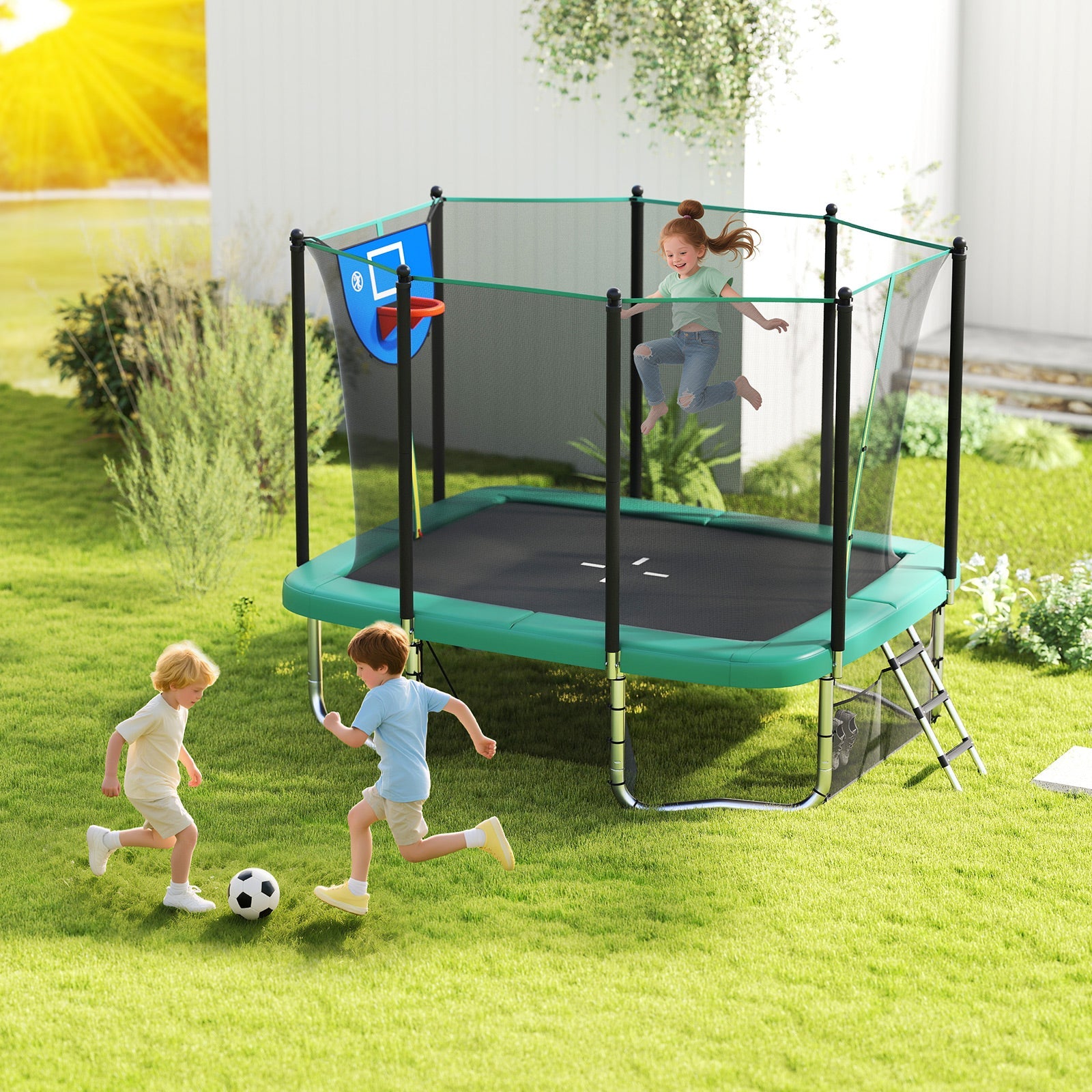 Costway 10' x 8' Rectangle Outdoor Trampoline w/ Basketball Hoop 32361920 New