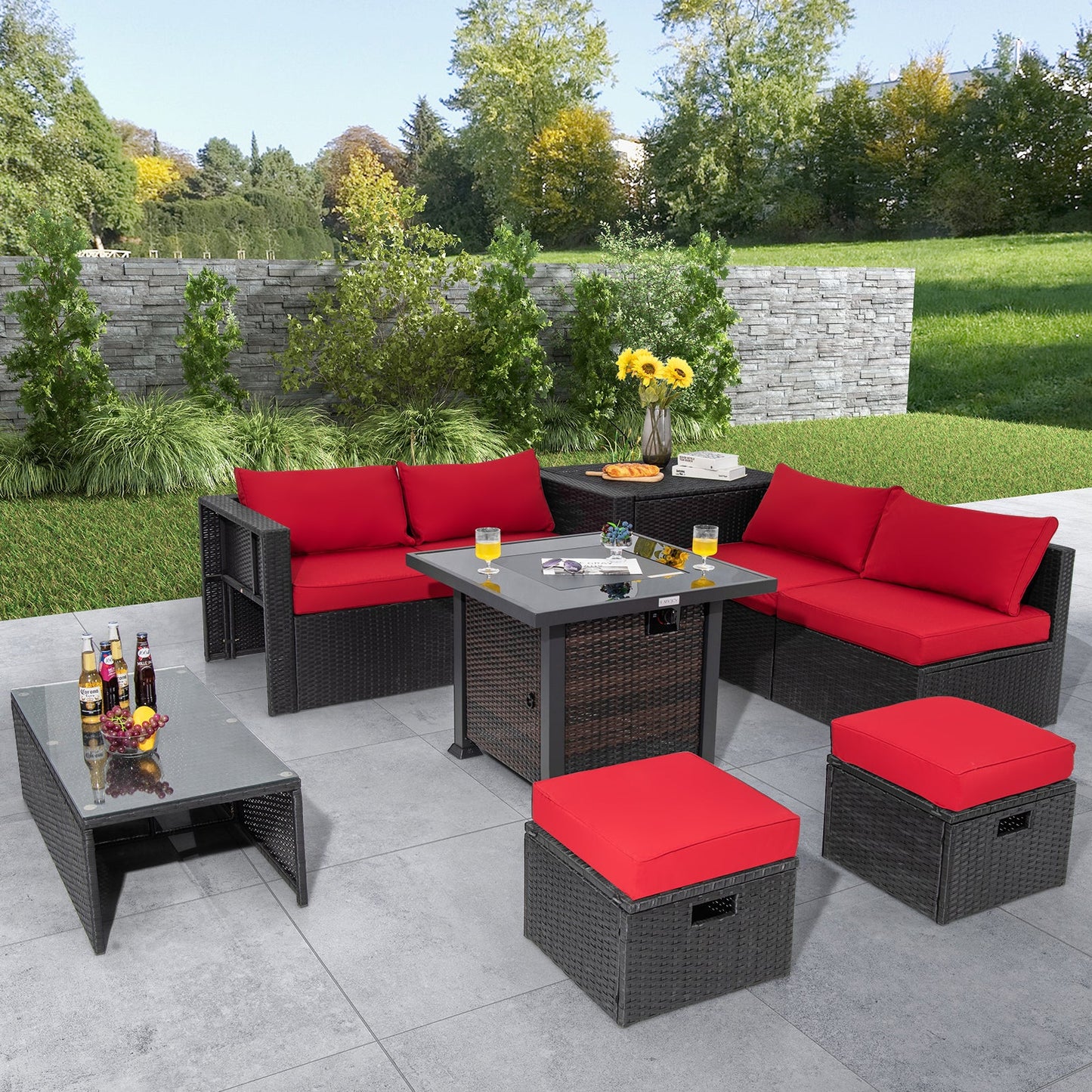 Costway 9-Piece Patio Furniture Set w/ 32" 50000 BTU Square Propane Fire Pit Table Red 89432617 New