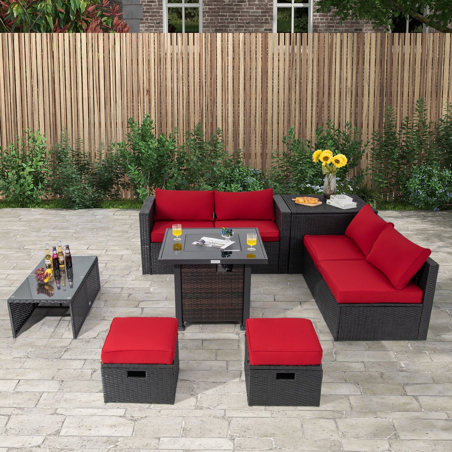 Costway 9-Piece Patio Furniture Set w/ 32" 50000 BTU Square Propane Fire Pit Table Red 89432617 New