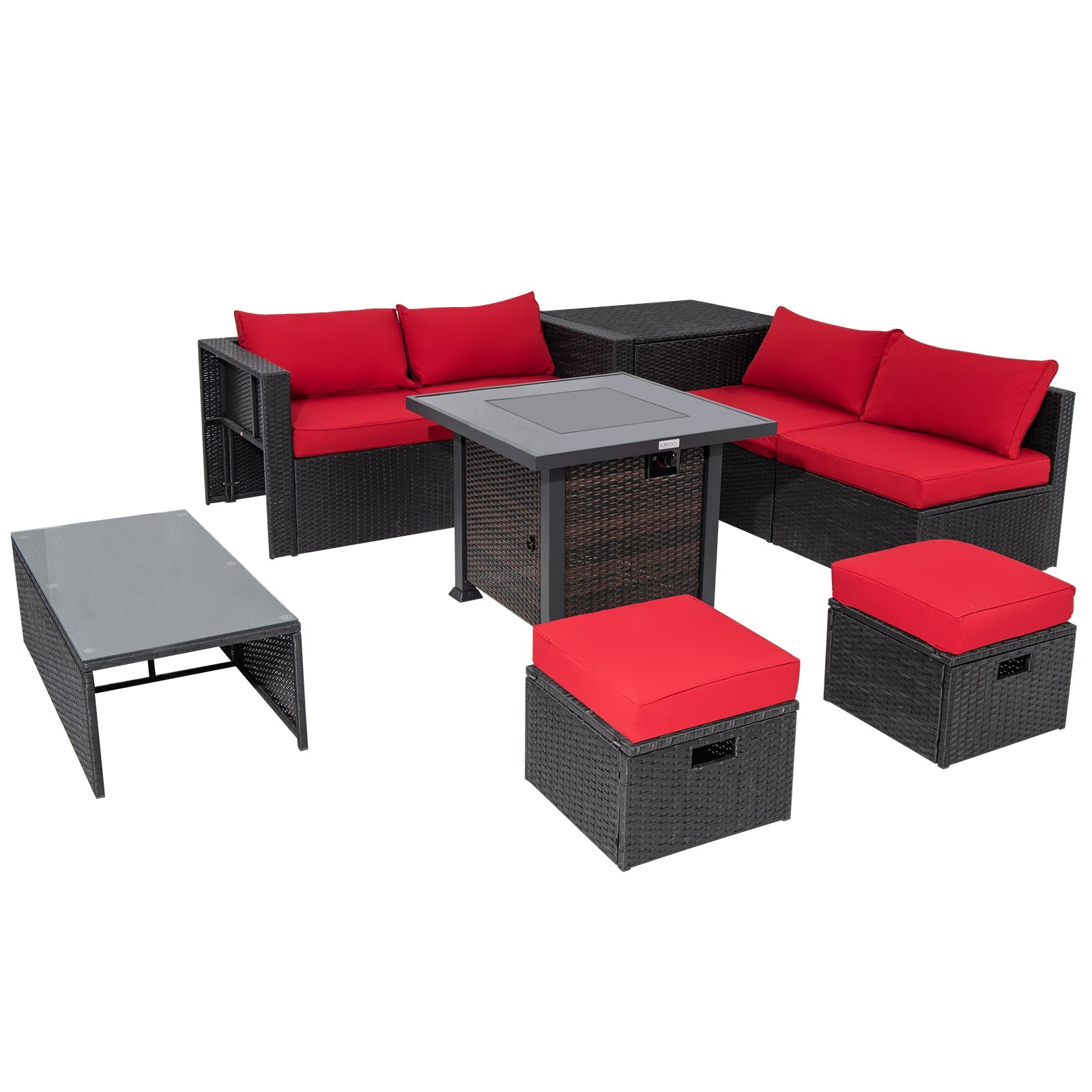 Costway 9-Piece Patio Furniture Set w/ 32" 50000 BTU Square Propane Fire Pit Table Red 89432617 New
