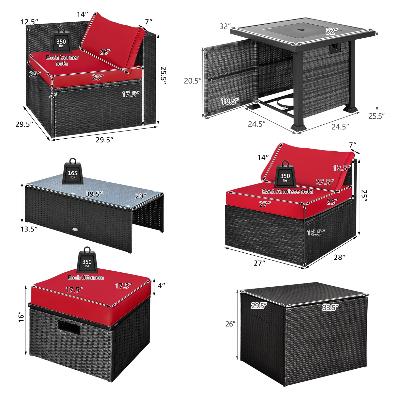 Costway 9-Piece Patio Furniture Set w/ 32" 50000 BTU Square Propane Fire Pit Table Red 89432617 New