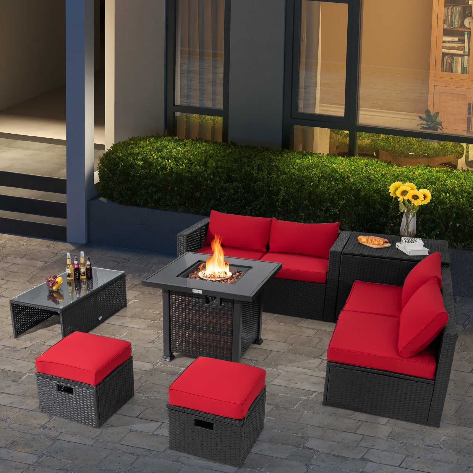 Costway 9-Piece Patio Furniture Set w/ 32" 50000 BTU Square Propane Fire Pit Table Red 89432617 New