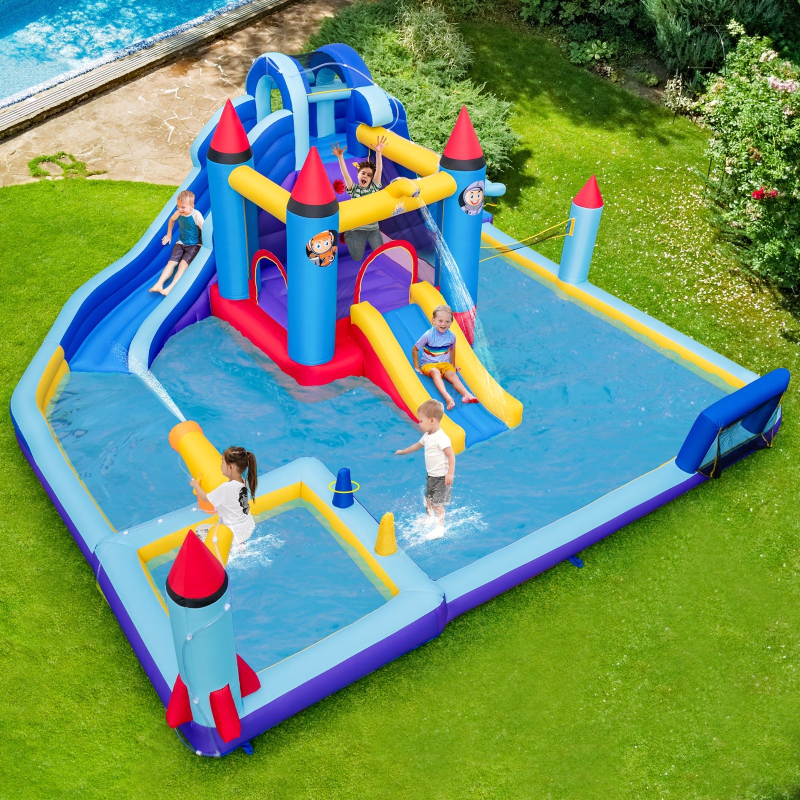 Costway Rocket Theme Inflatable Water Slide Park 58971342 New