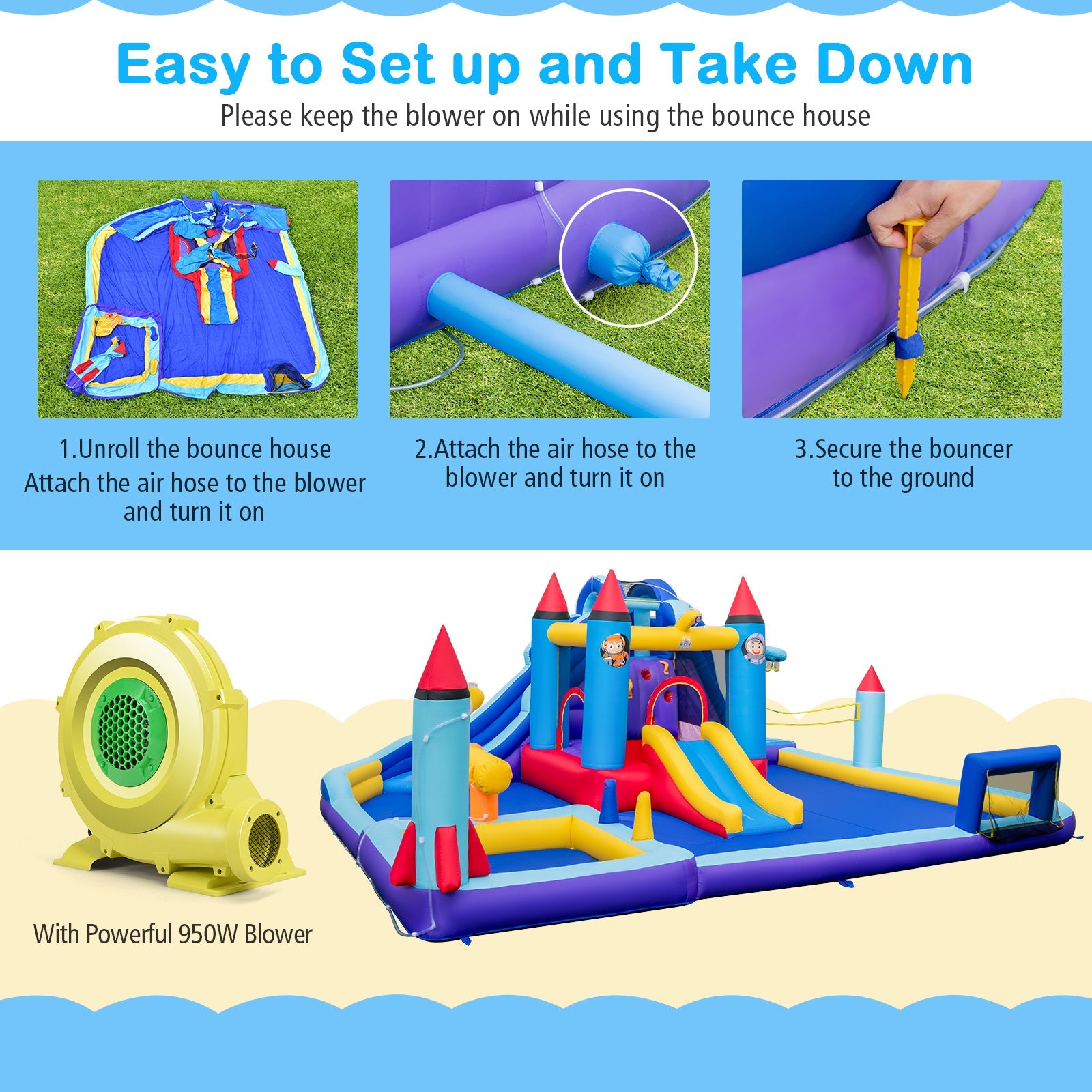 Costway Rocket Theme Inflatable Water Slide Park w/ 950W Blower 74326915 New