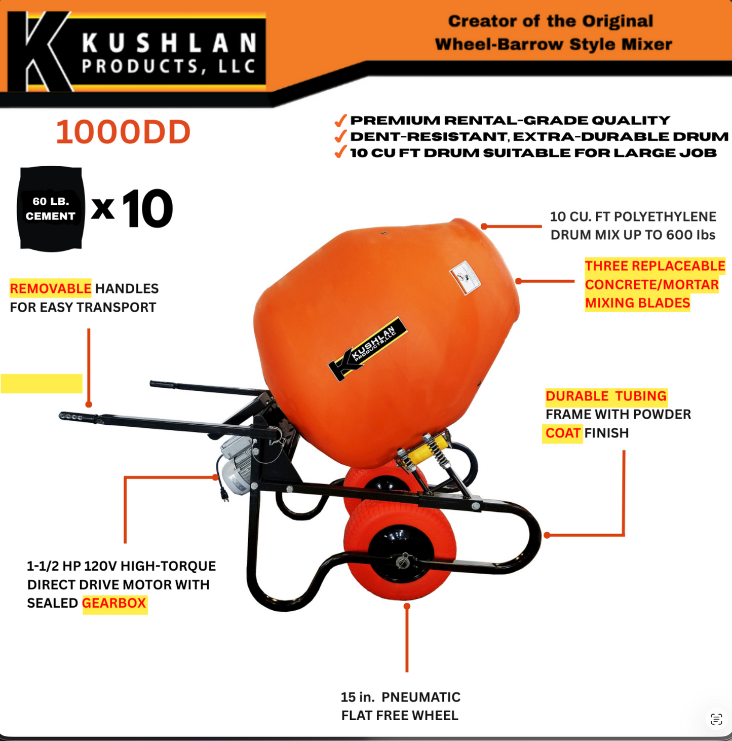 Kushlan 1000 Direct Drive Mixer 10 Cu. Ft. Drum 1.5 HP 1000DD-WB New