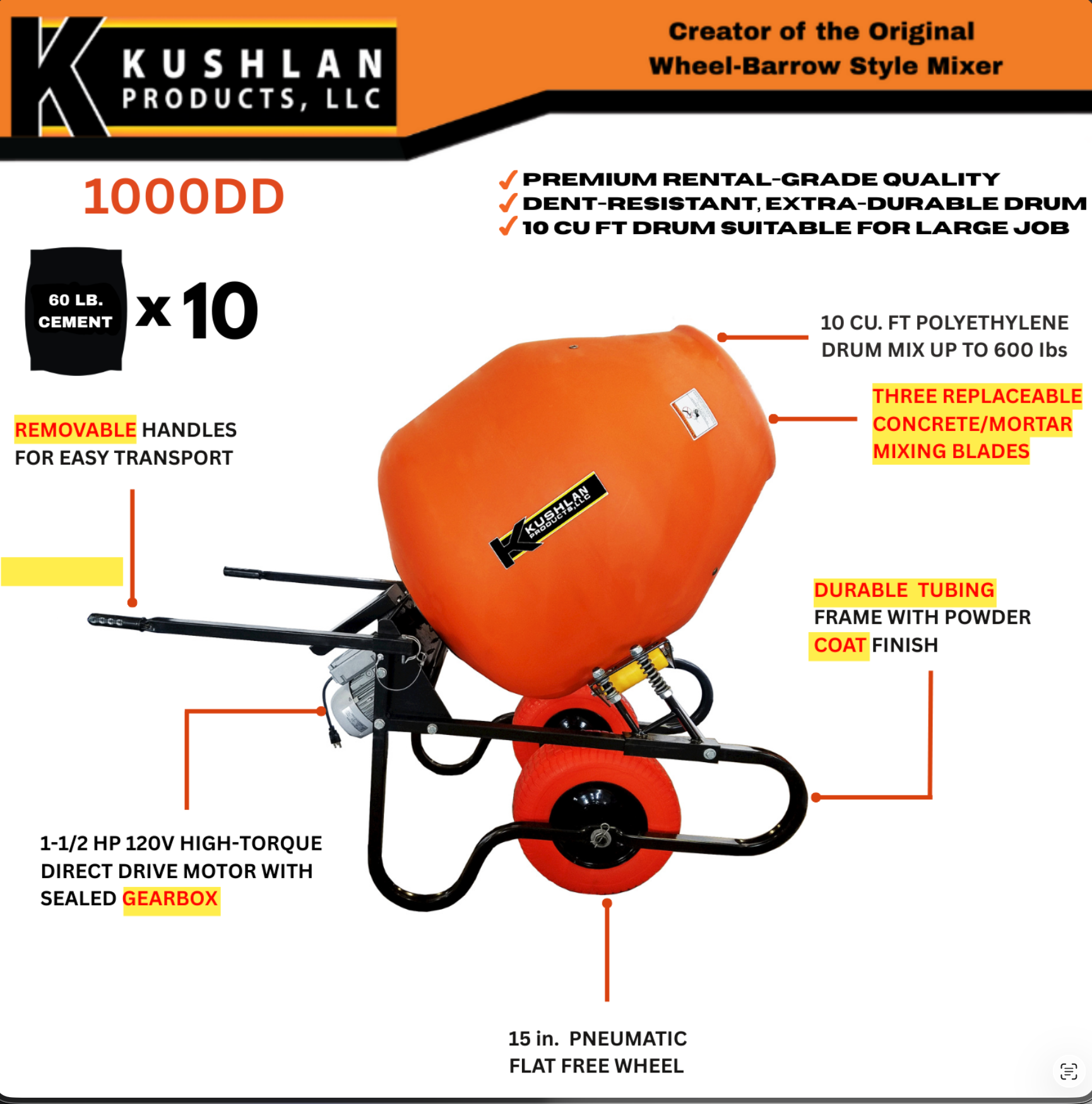 Kushlan 1000 Direct Drive Mixer 10 Cu. Ft. Drum 1.5 HP 1000DD-WB New