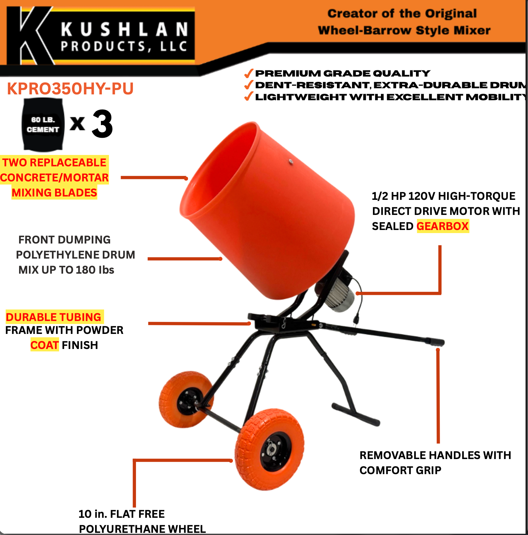 Kushlan Cement Mixer 3.5 Cu. Ft. Drum 1/3 HP 120V KPRO350HY-PU New