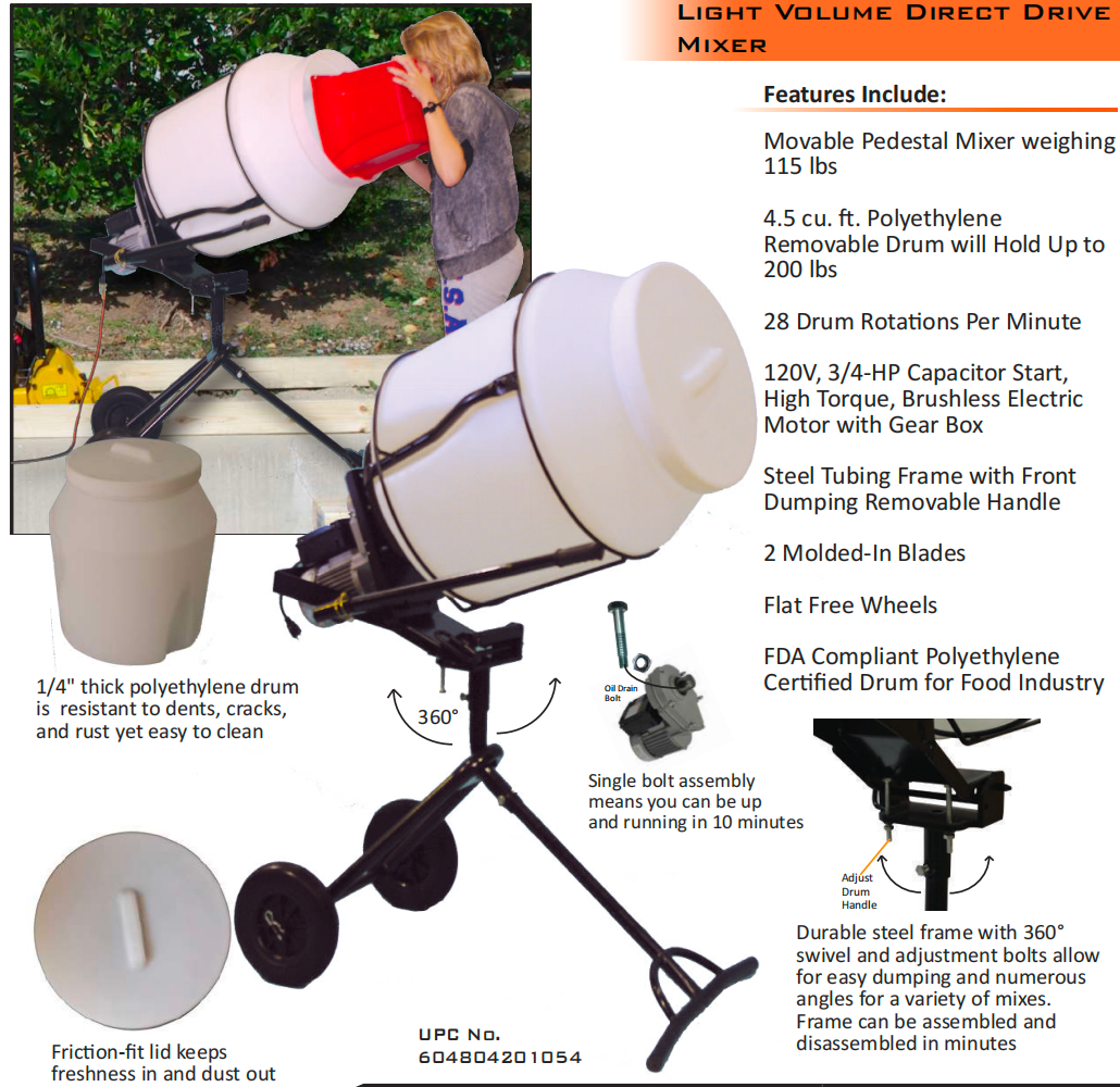 Kushlan 450DD Food Mixer 4.5 Cu. Ft. Drum FDA Certified 3/4 HP Electric Motor New