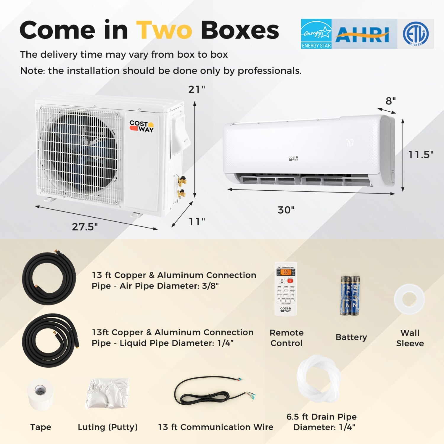 Costway 12,000 BTU 21 SEER2 208-230V Ductless Mini Split Heat Pump Air Conditioner 93377587 New