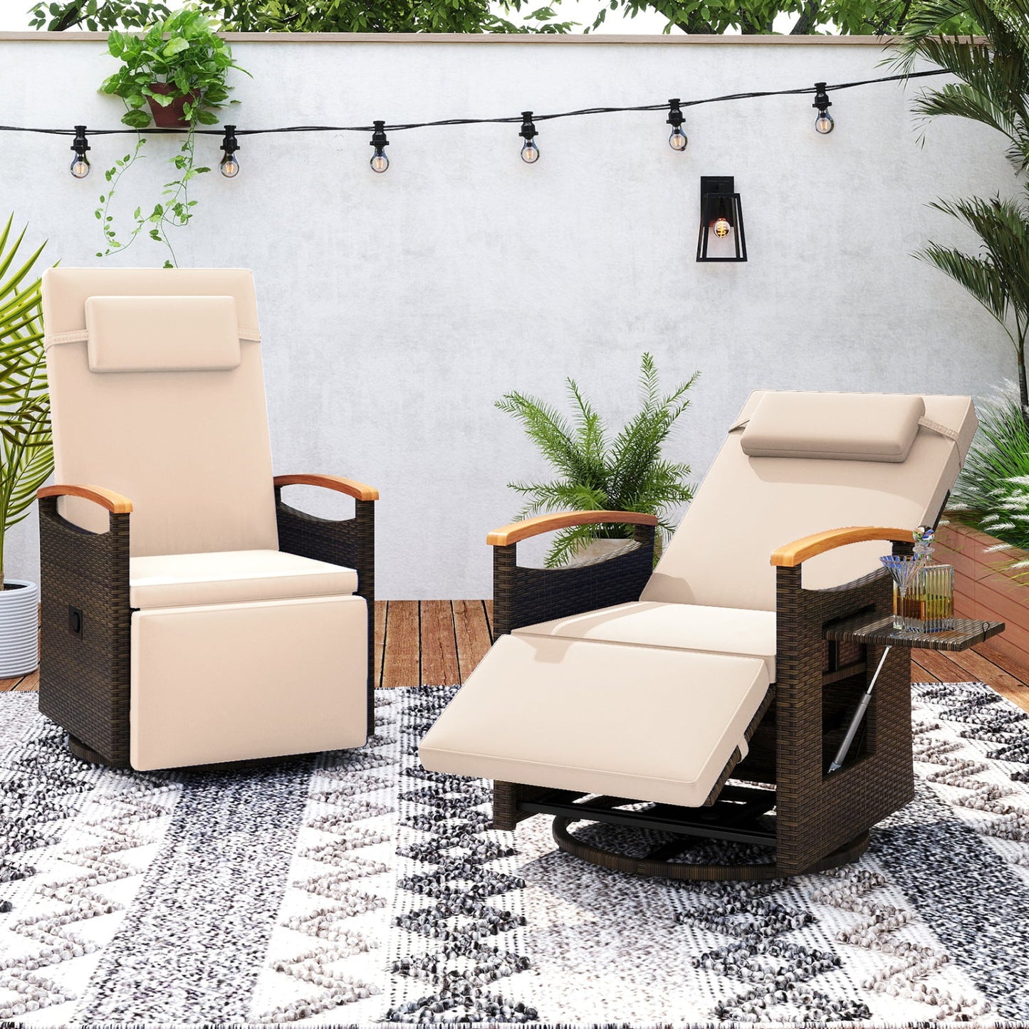Costway Set of 2 Patio Rattan 360° Swivel Recliner Chaise Lounge Chairs Adjustable Backrest Footrest 86361582 New