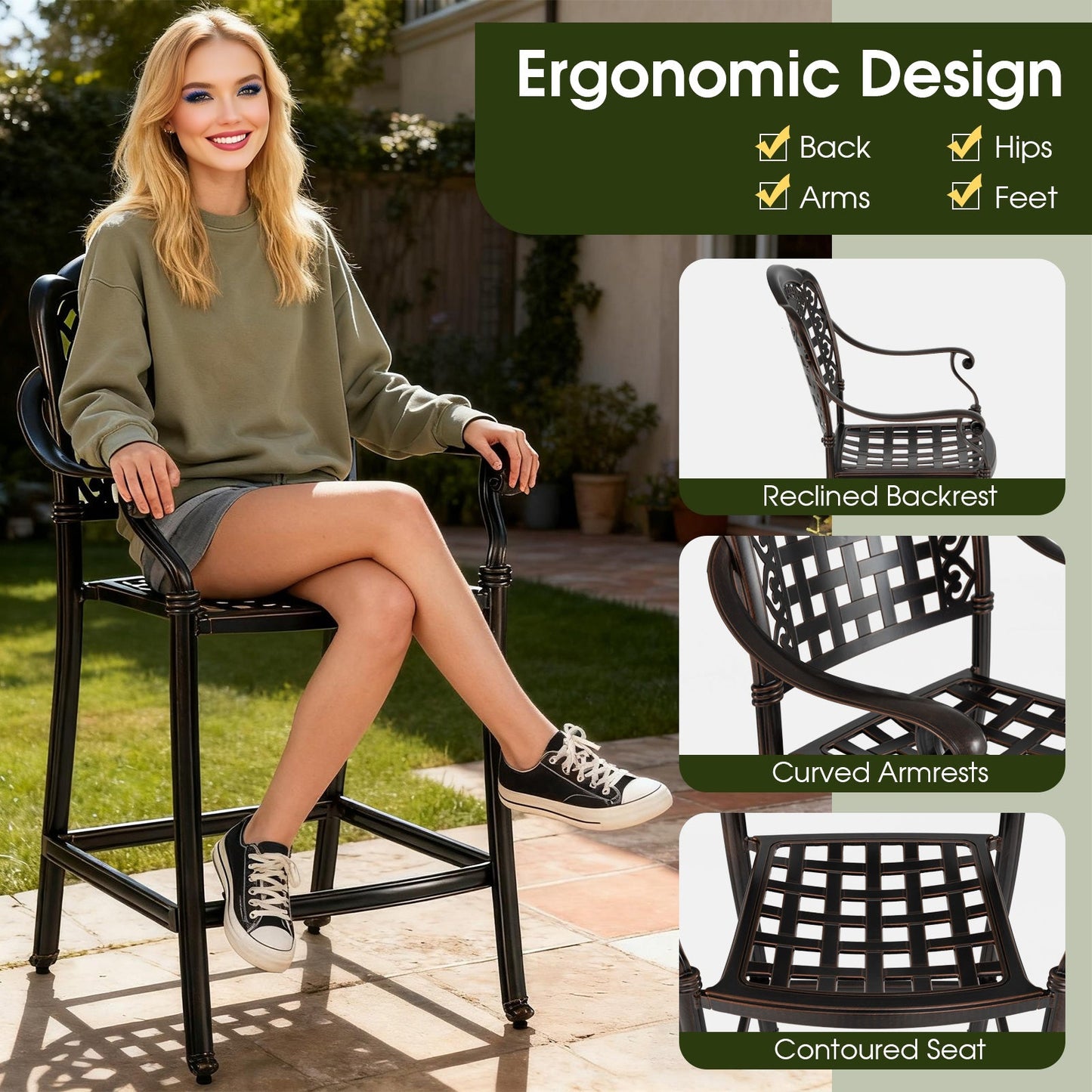 Costway Set of 4 Outdoor Cast Aluminum Bar Stools 25.5" Counter Height 44134614 New
