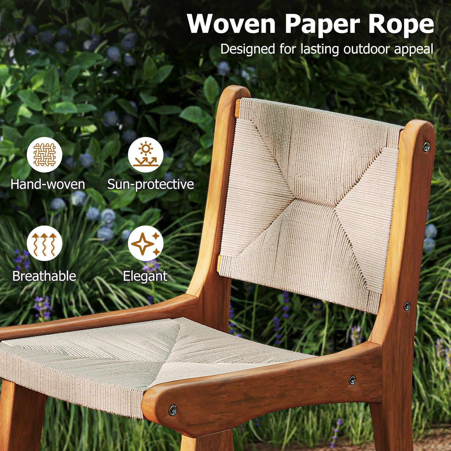 Costway Outdoor Counter Height Patio Bar Stools Woven Rope Teak Wood Set of 4 83072248 New