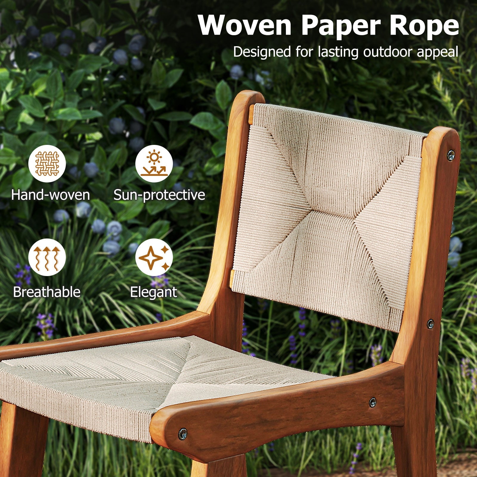 Costway Outdoor Counter Height Patio Bar Stools Woven Rope Teak Wood Set of 4 83072248 New