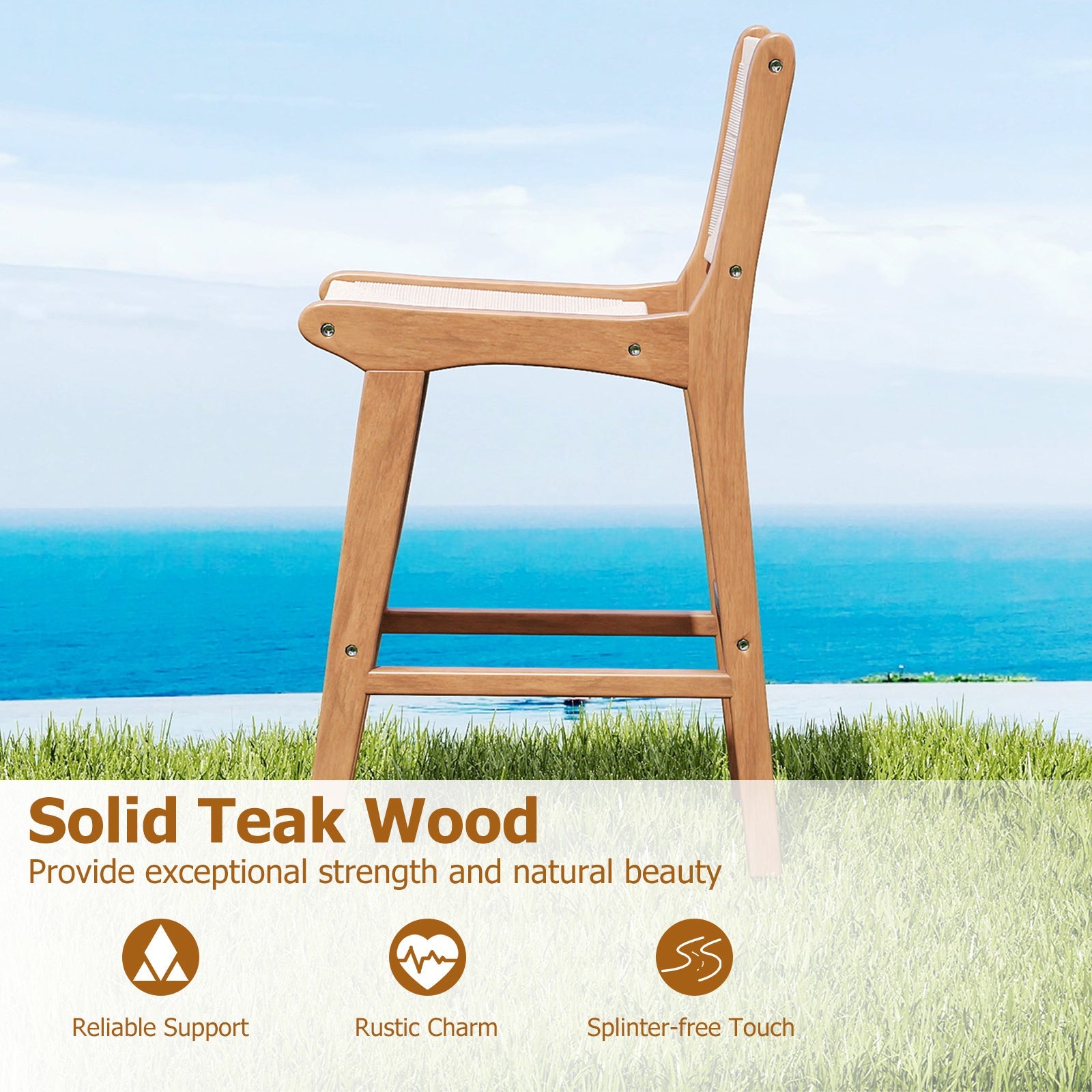 Costway Outdoor Counter Height Patio Bar Stools Woven Rope Teak Wood Set of 4 83072248 New