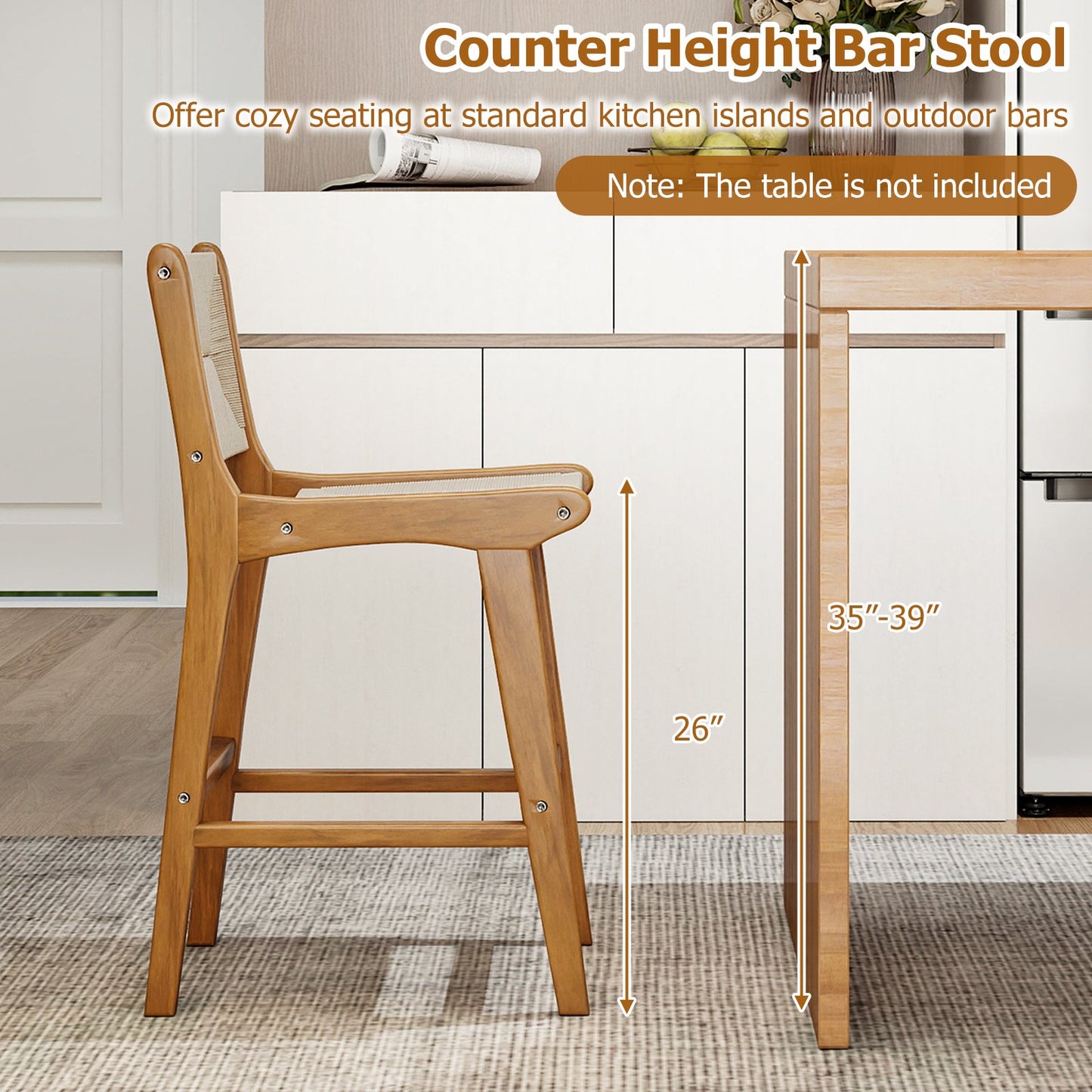 Costway Outdoor Counter Height Patio Bar Stools Woven Rope Teak Wood Set of 4 83072248 New