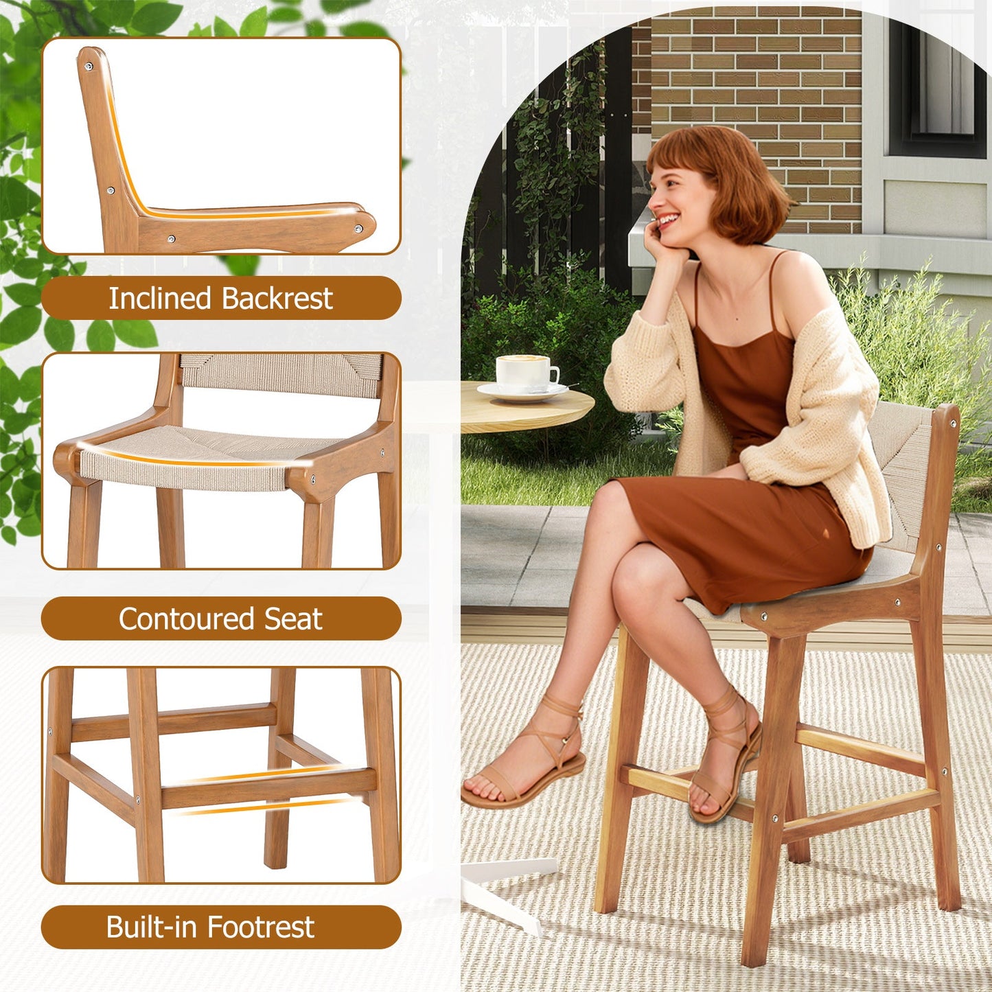 Costway Outdoor Counter Height Patio Bar Stools Woven Rope Teak Wood Set of 4 83072248 New
