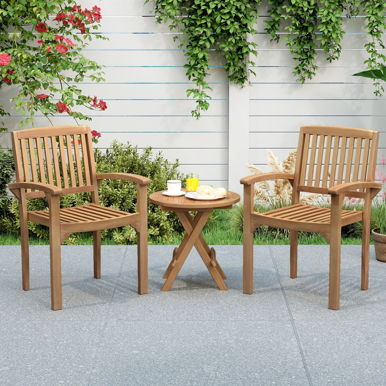 Costway Set of 4 Outdoor Patio Dining Chairs Slatted Curved Seat 138249576 New