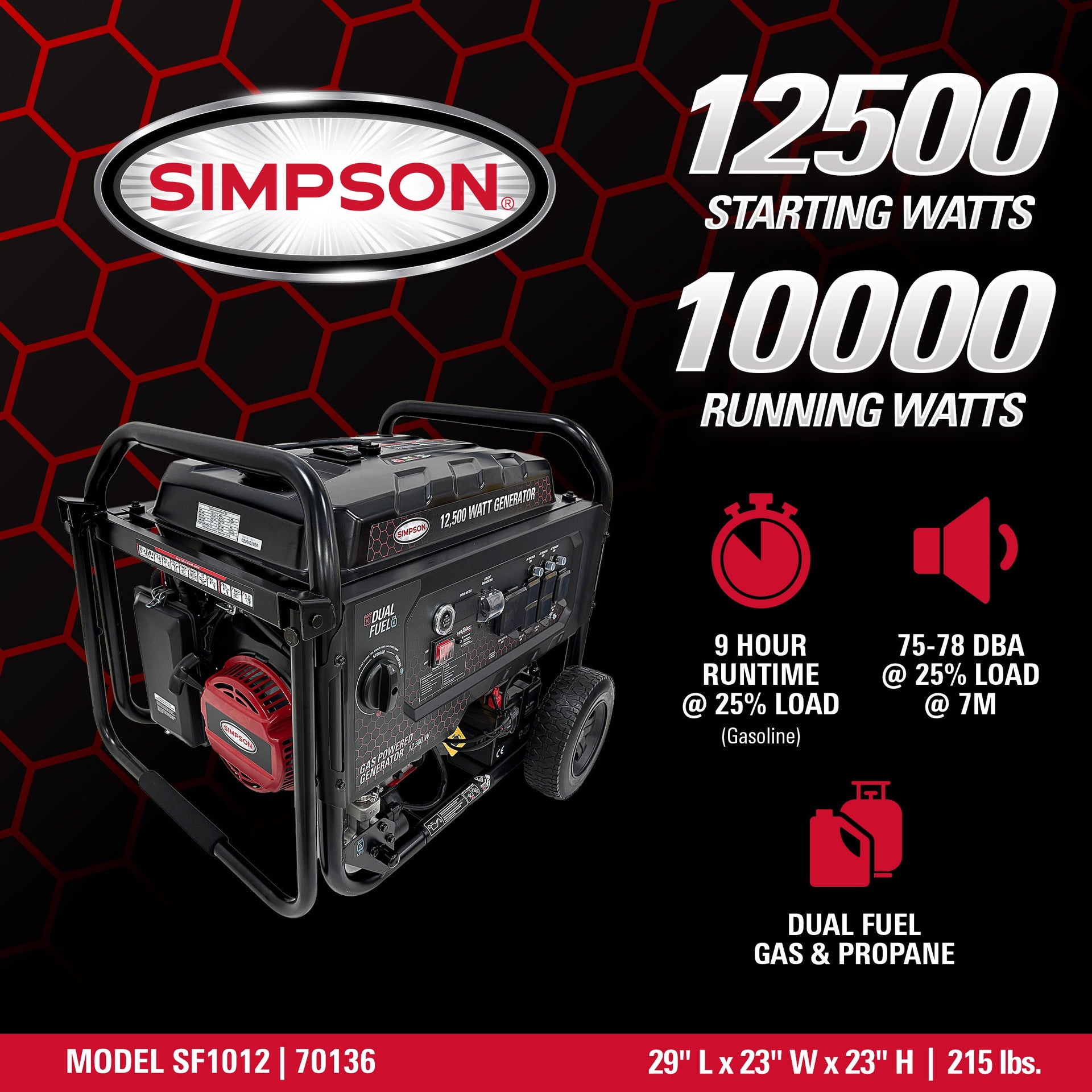 Simpson SF1012 Generator 10,000/12,500W Dual Fuel Gas Propane Electric Start CO Sensor New