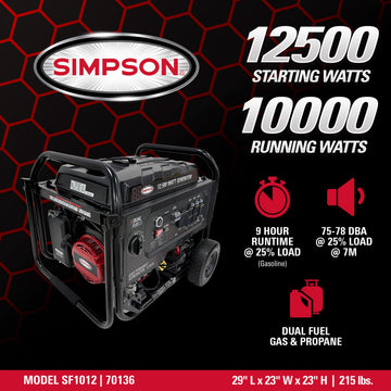 Simpson SF1012 Generator 10,000/12,500W Dual Fuel Gas Propane Electric Start CO Sensor New