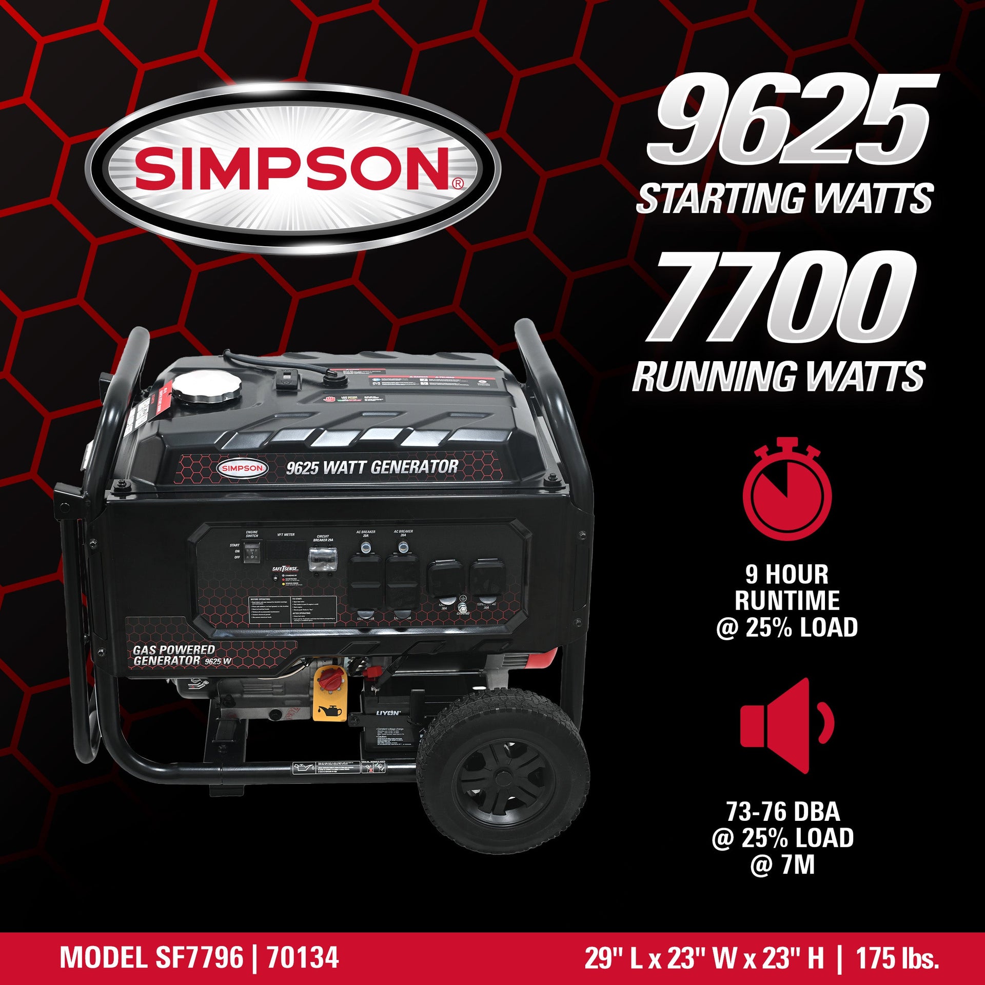 Simpson SF7796 Generator 7700/9625W Gasoline Portable Electric Start CO Sensor New